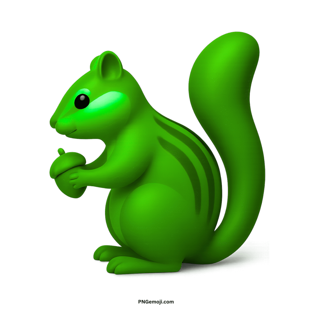 A vibrant green 3D chipmunk emoji holding an acorn, with darker stripes, on a black background.