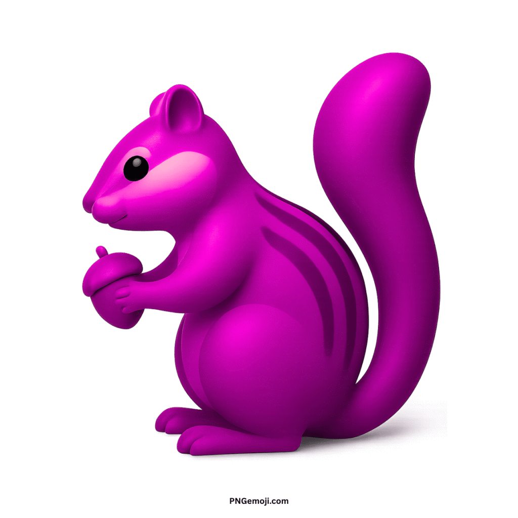 A vibrant magenta 3D chipmunk emoji holding an acorn, with darker stripes, on a black background.