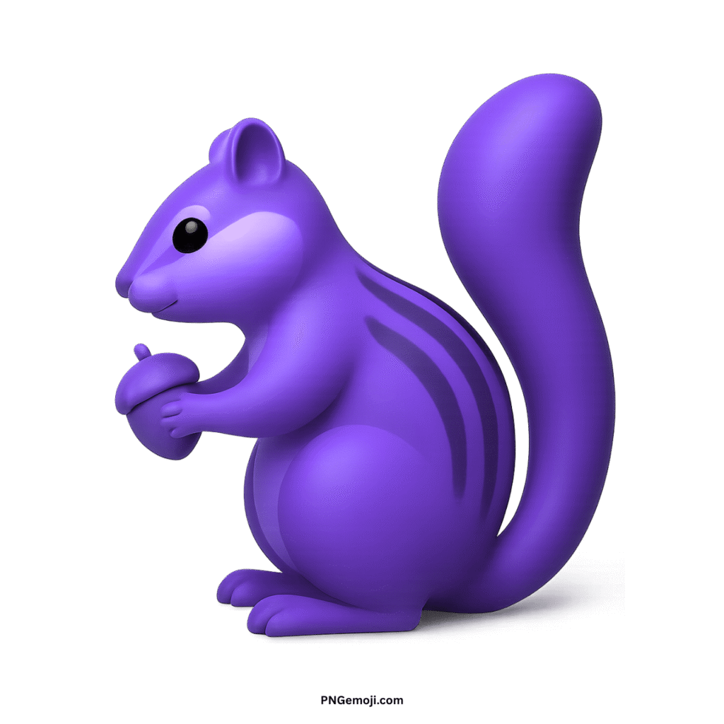 A charming purple 3D chipmunk emoji holding an acorn, with darker stripes, on a black background.