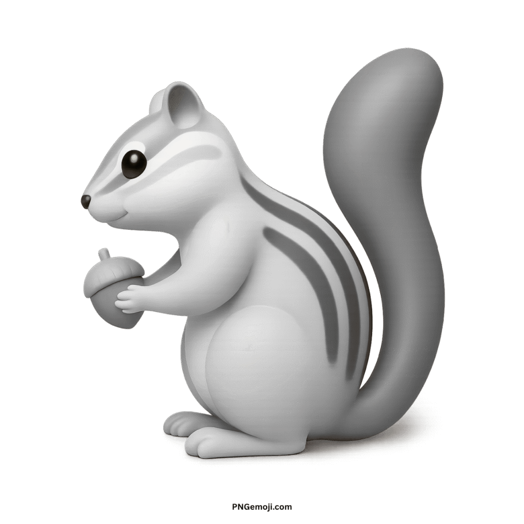 A pristine white 3D chipmunk emoji holding an acorn, with gray stripes, on a black background.