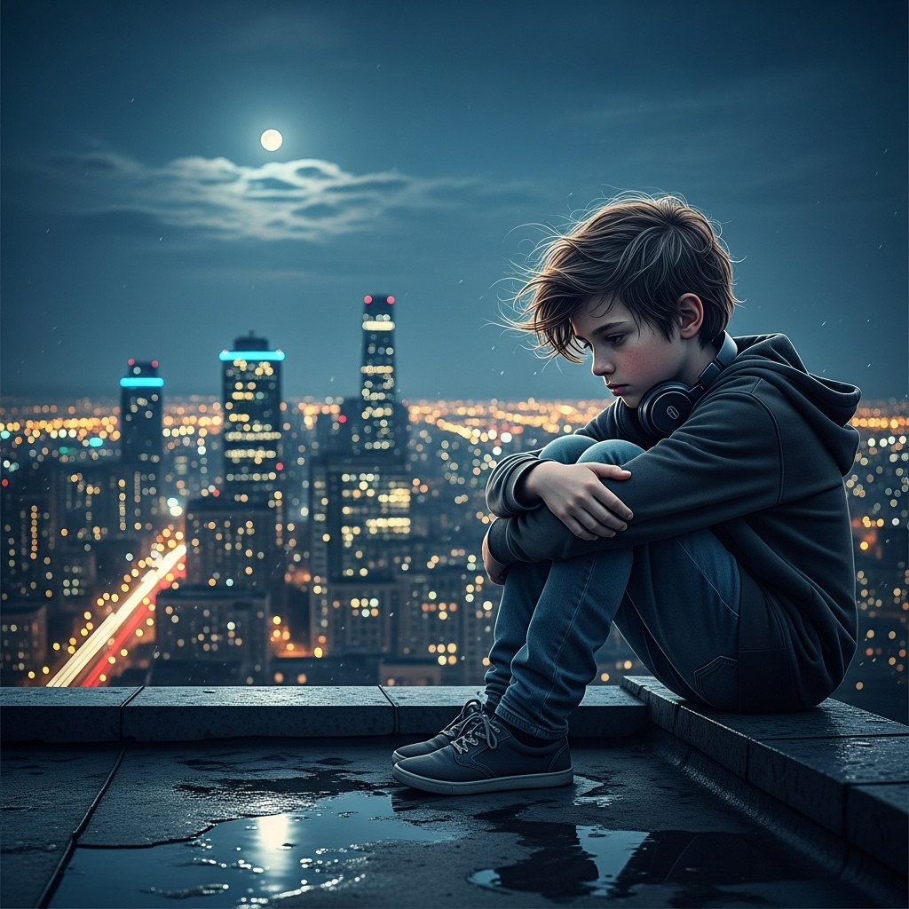 Young boy sitting on rooftop at night, gazing at moonlit city skyline, wearing headphones, reflective mood.