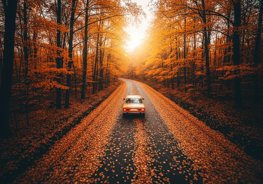 Classic car driving through autumn forest road covered with golden fall leaves