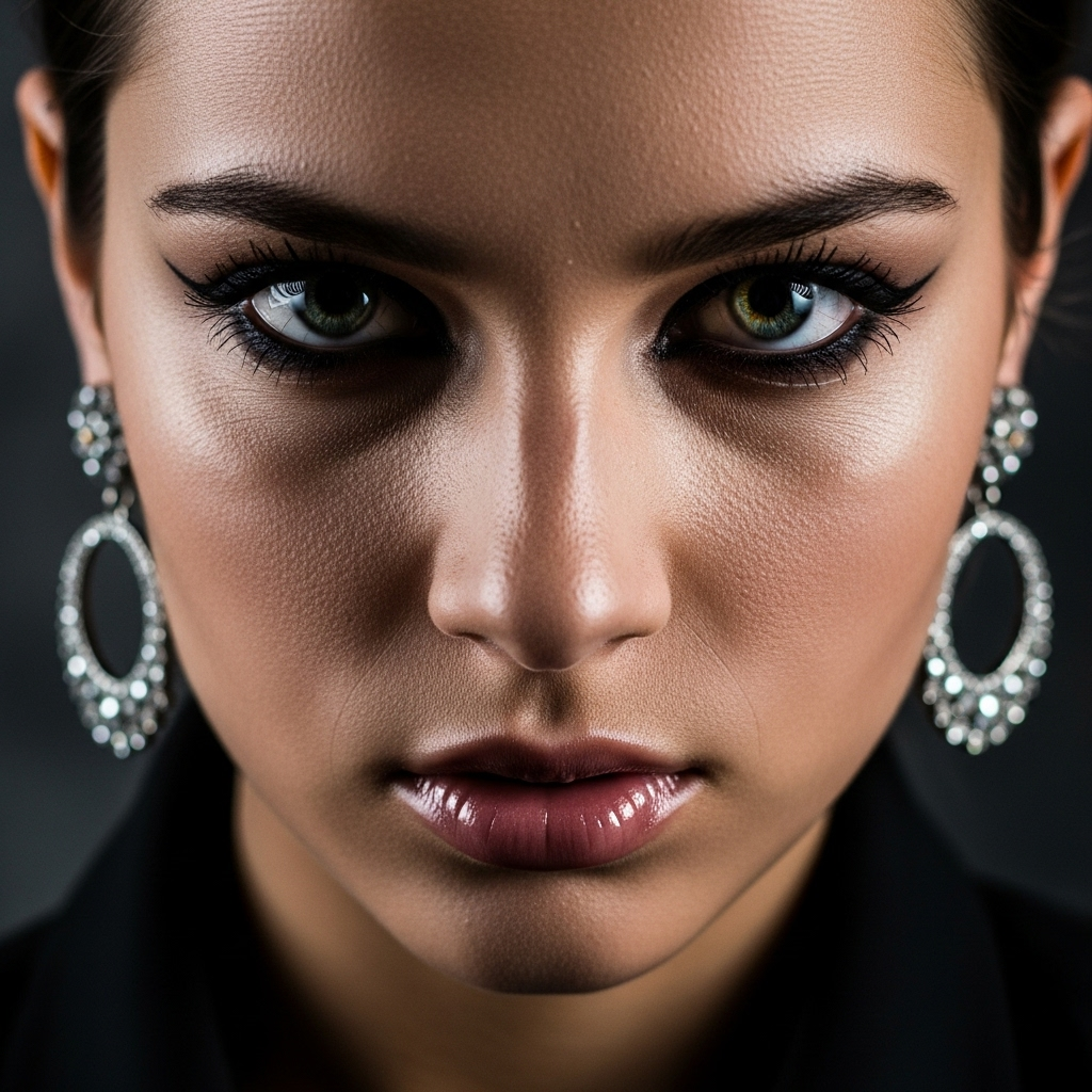 Close-up portrait of glamorous woman with striking eyes, bold makeup, and diamond earrings