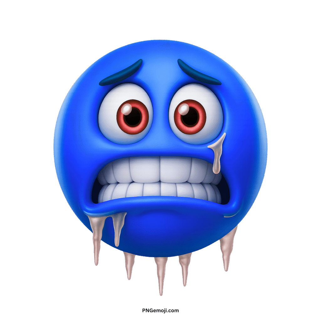 A blue, freezing emoji with icicles and chattering teeth, conveying extreme cold.