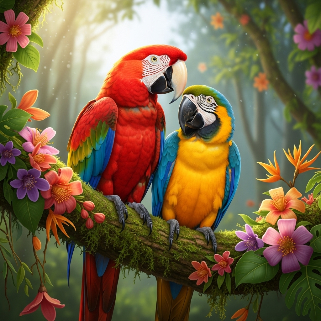 Vibrant scarlet and blue-and-yellow macaws perched affectionately on mossy jungle branch amid exotic flowers.