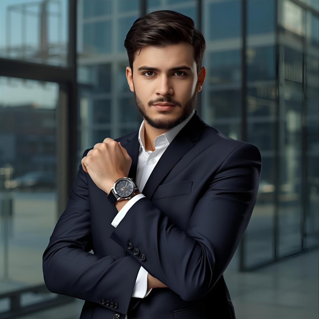 Confident young businessman in formal suit wearing wristwatch inside modern office building