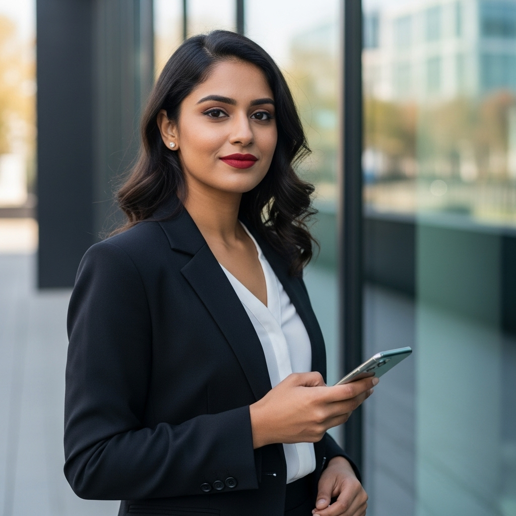 Confident Indian businesswoman in black blazer holding smartphone outside modern office building