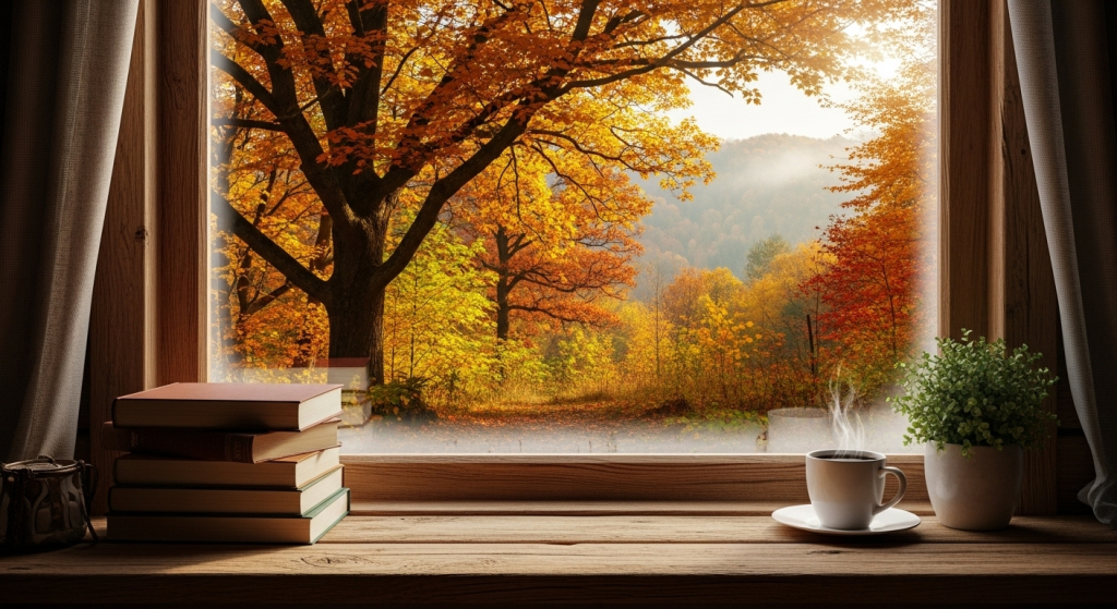 Cozy autumn window view with coffee, books, potted plant and colorful forest scenery.