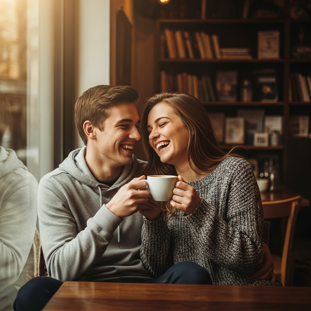 Joyful couple laughing over coffee in cozy bookstore cafe with bookshelves and warm sunlight.
