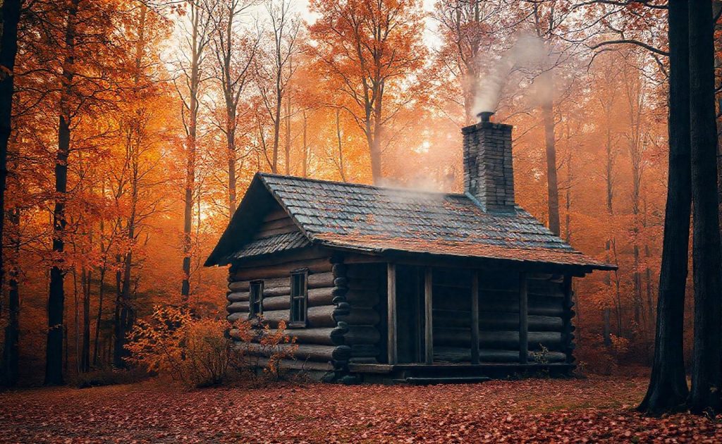 Rustic log cabin in autumn forest with chimney smoke and golden fall foliage
