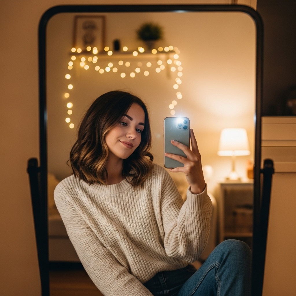 Young woman mirror selfie in cozy bedroom with sweater and warm string lights