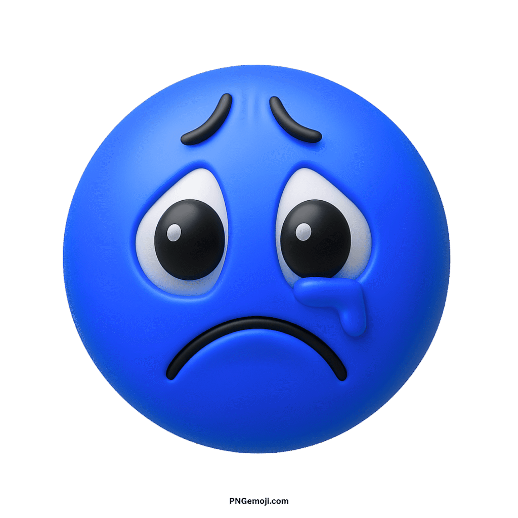  A 3D blue crying face emoji with a single tear, on a black background.