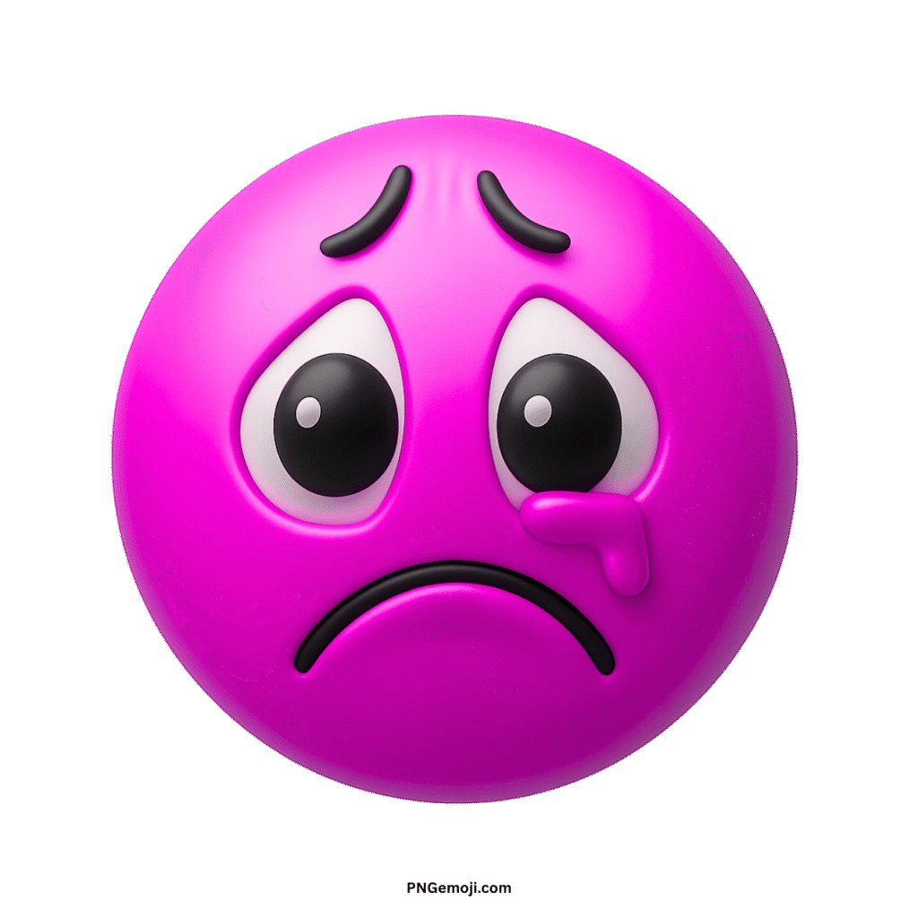Purple crying face emoji PNG with teardrop, sad expression, and emotional eyes for designs