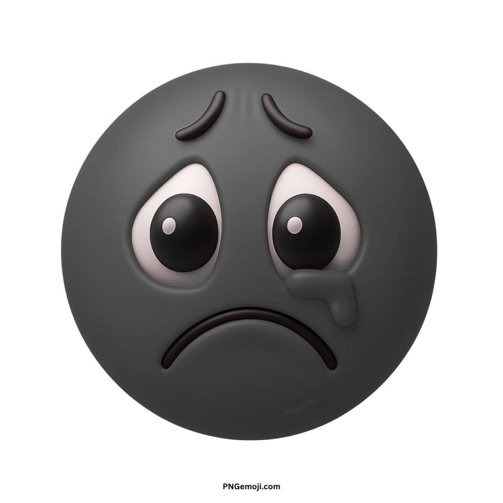A 3D gray crying face emoji with a single tear, on a black background.