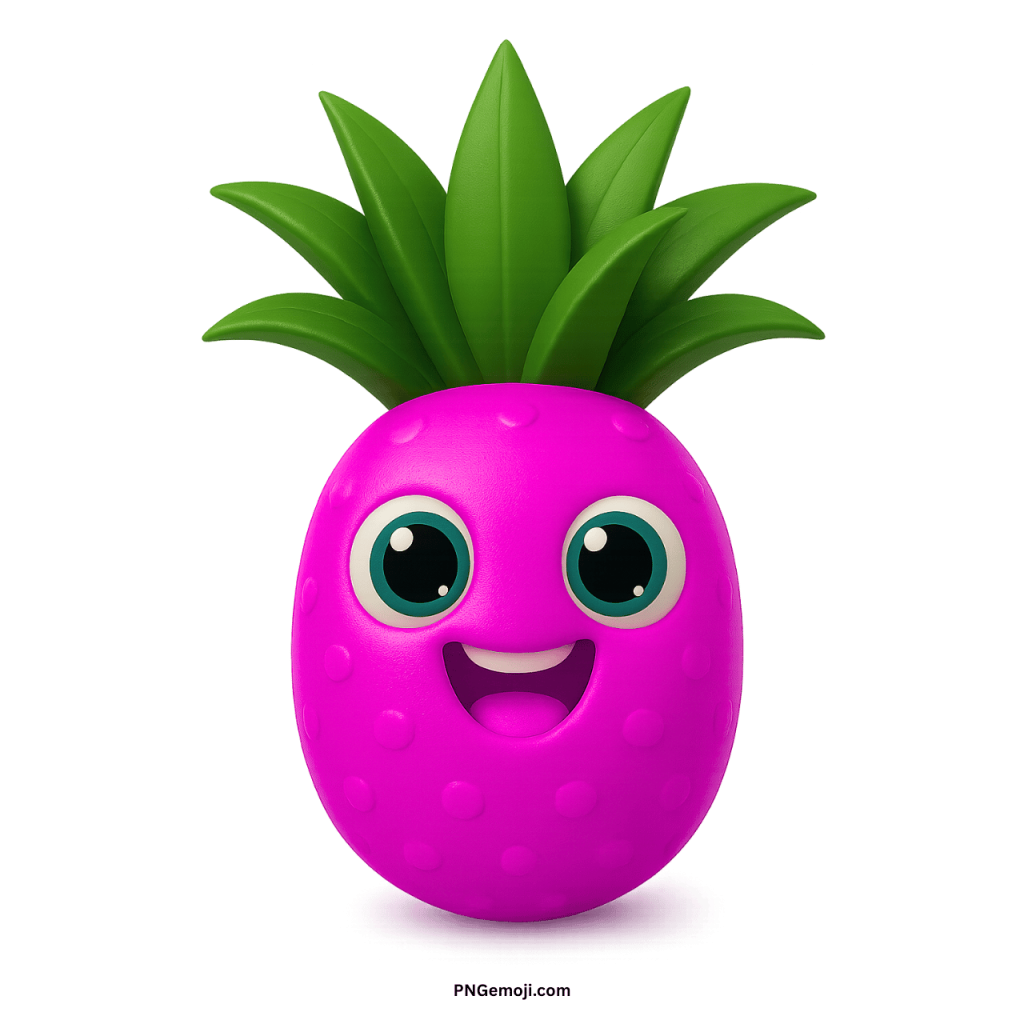 Cute pineapple emoji with smiling face and green leaves in cartoon fruit style