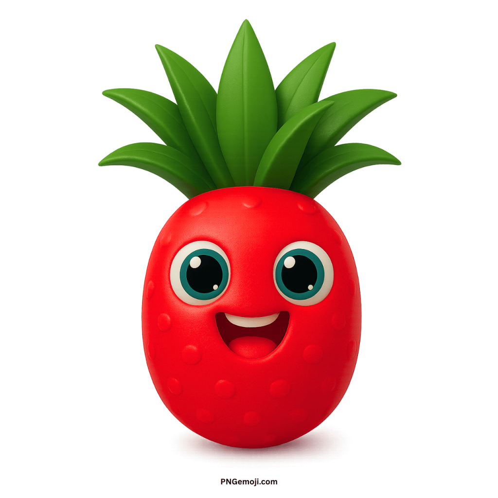 Cute red pineapple emoji with happy smile, big bright eyes, and green leafy crown