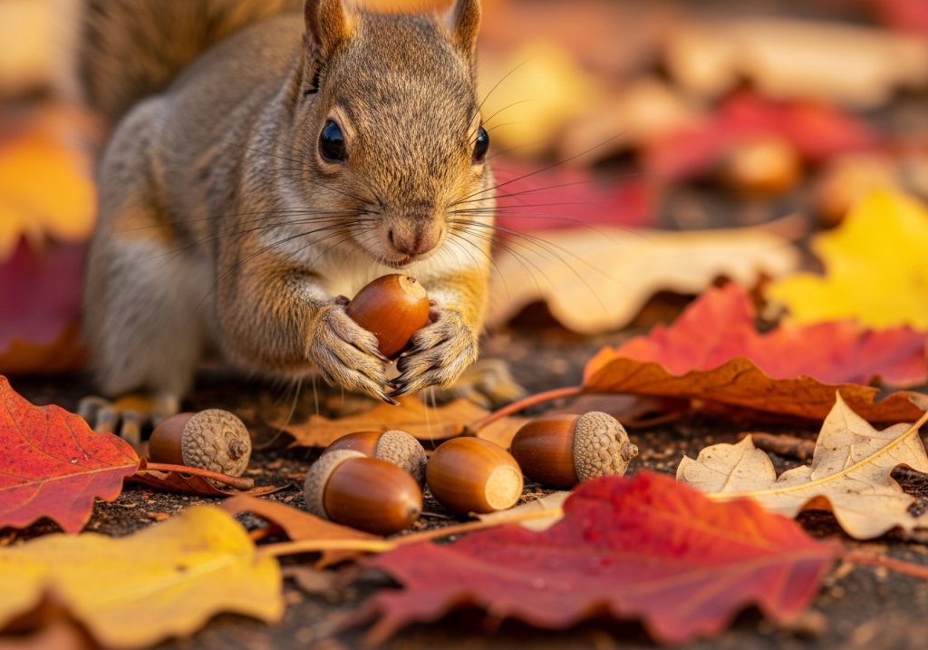 Cute squirrel holding acorn surrounded by colorful autumn leaves in natural forest setting
