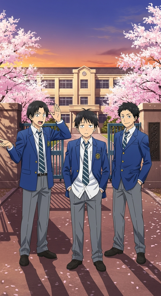 Daily Lives of High School Boys anime wallpaper with students at school gate under sakura trees