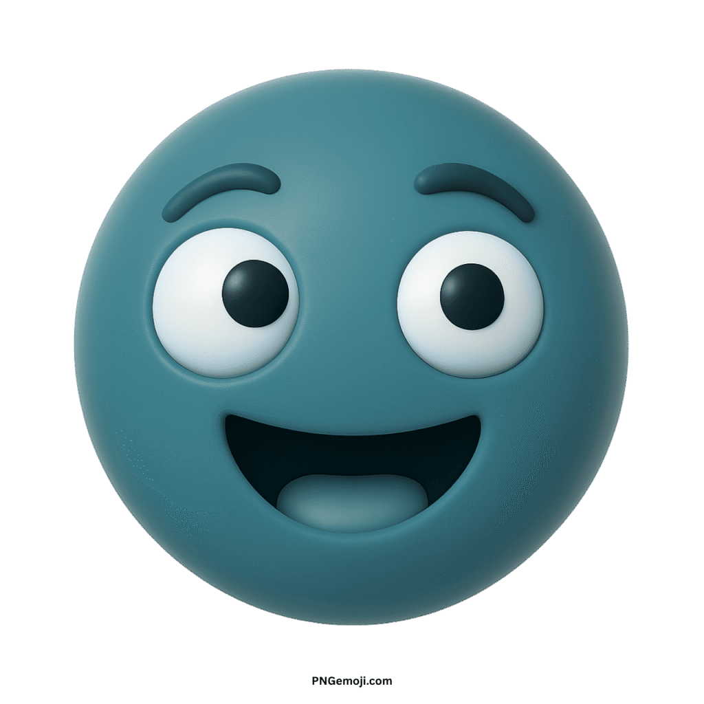 Blue derpy smiley face emoji with big wide eyes and silly happy grin