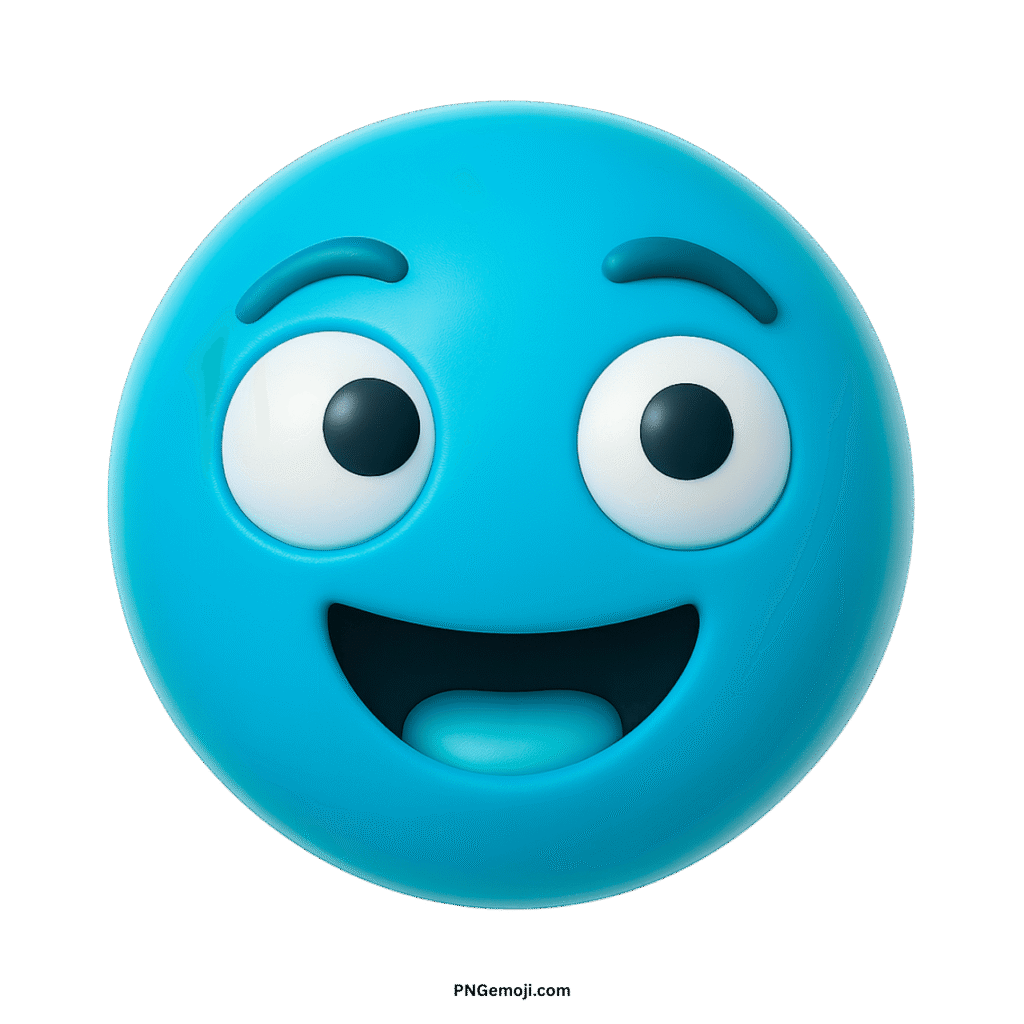 Derpy blue smiley face emoji with wide cartoon eyes and goofy happy funny expression PNG