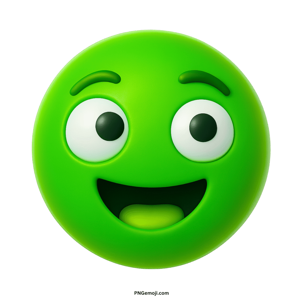 Derpy smiley face green emoji with wide cartoon eyes and cheerful goofy expression.