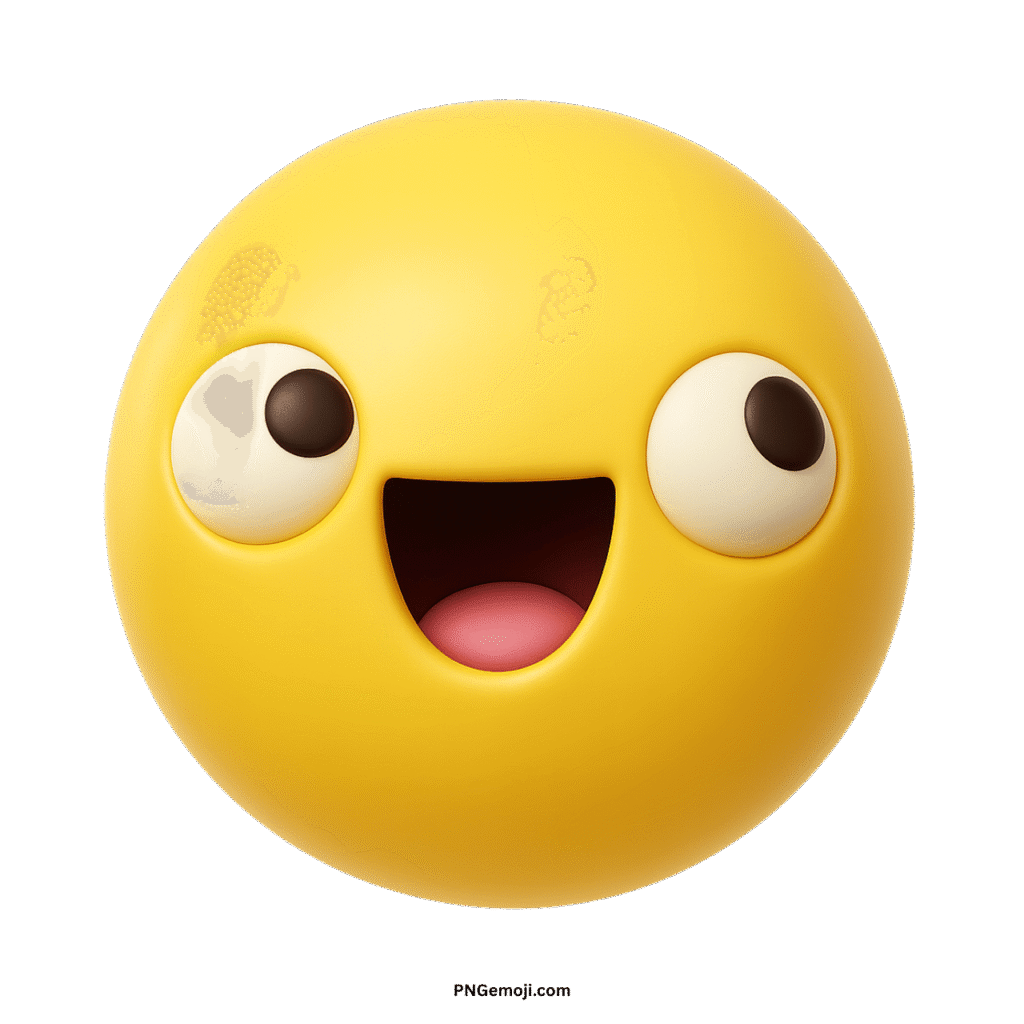 Derpy smiley face yellow emoji with wide cartoon eyes and happy goofy expression.