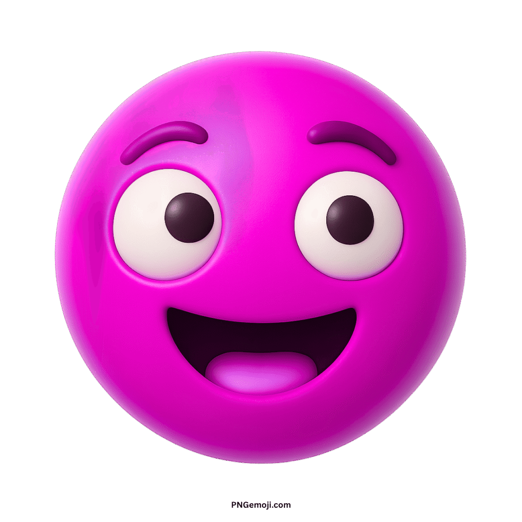 Derpy purple smiley face emoji with goofy cartoon eyes and wide funny happy expression PNG
