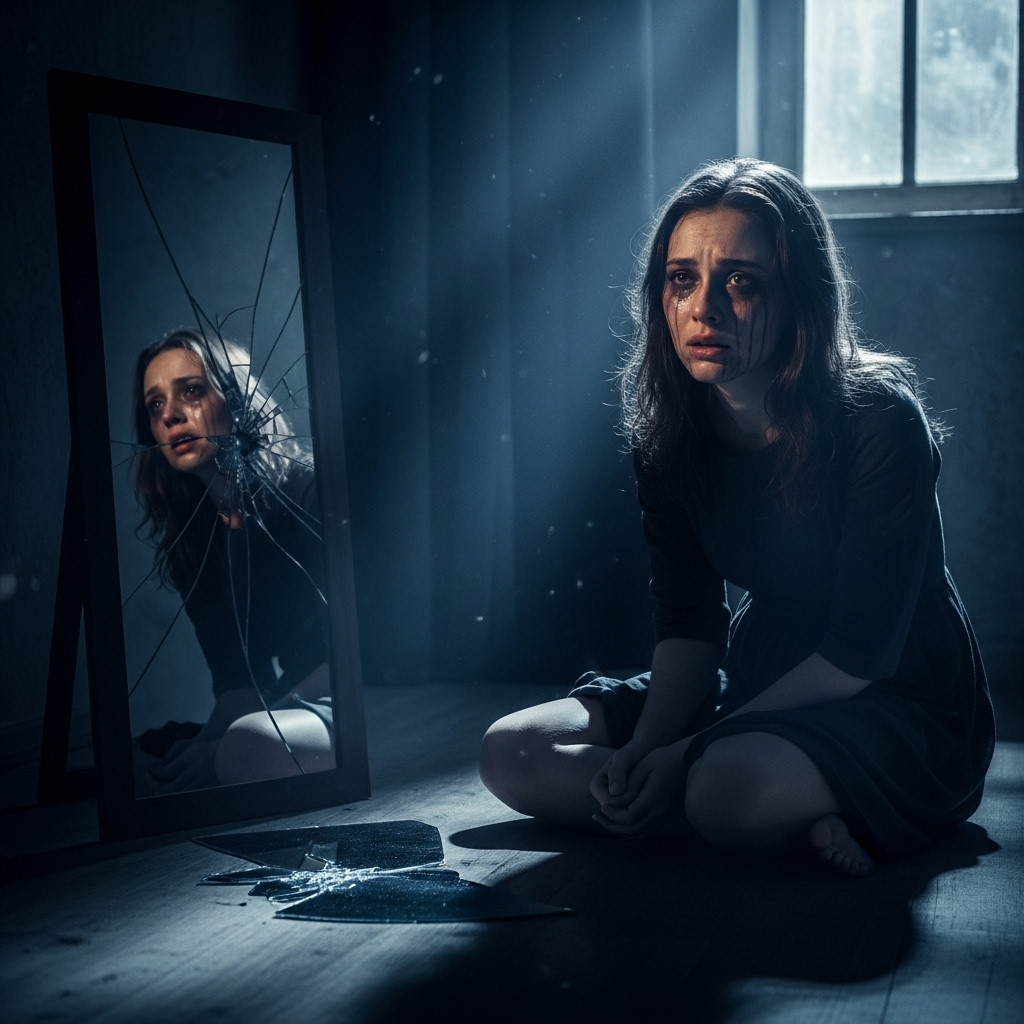 Emotional woman sits crying before shattered mirror in dimly lit room.