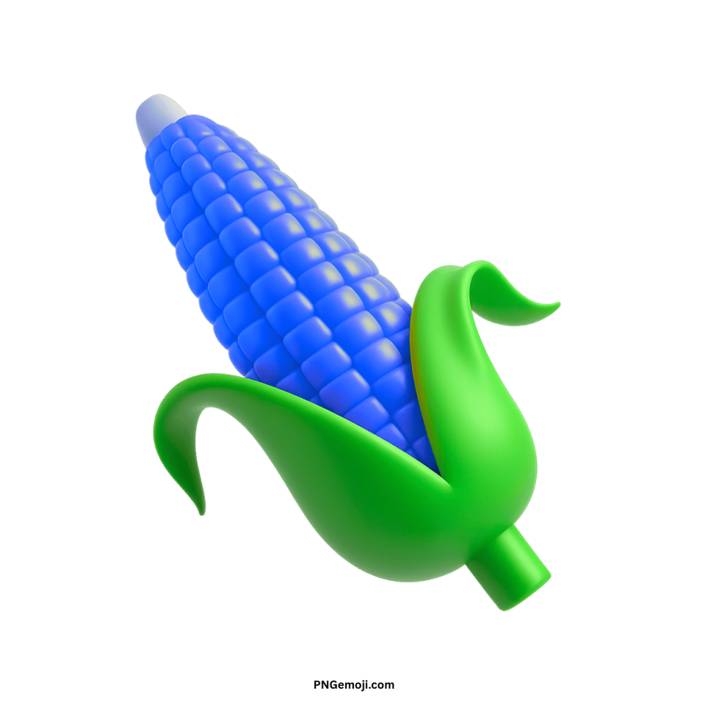 Blue ear of corn emoji with green husk in 3D cartoon style illustration