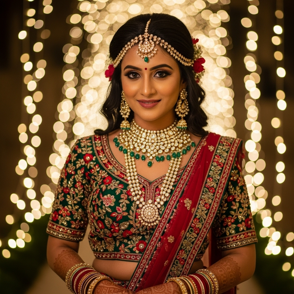 Beautiful Indian bride in green embroidered saree with ornate jewelry under bokeh lights.