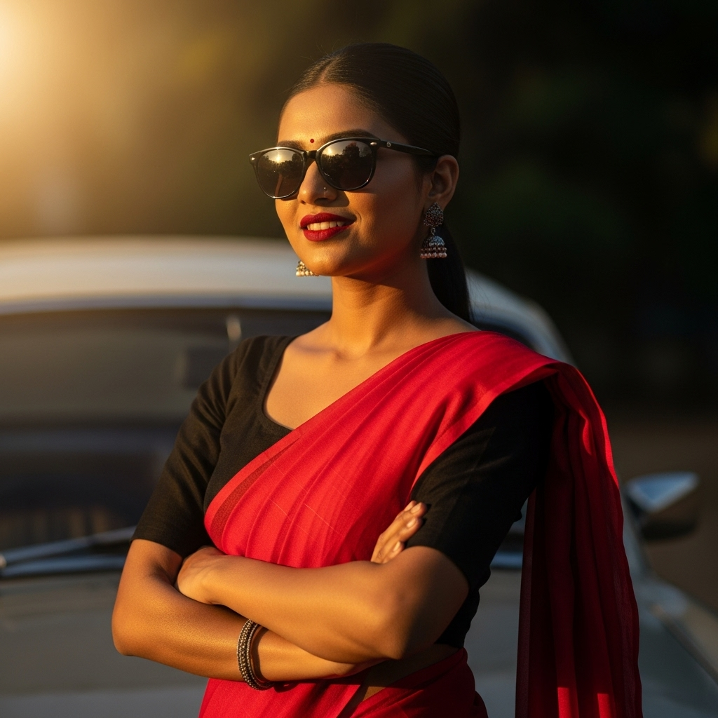 Elegant Indian woman in red saree wearing sunglasses and jewelry in sunlight