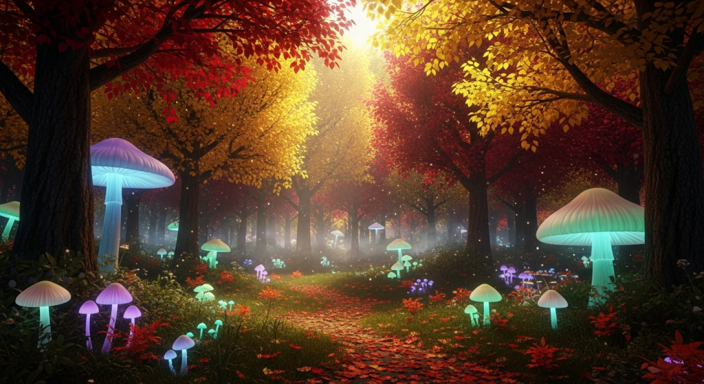 Enchanted autumn forest with glowing mushrooms under golden sunlight and colorful trees.
