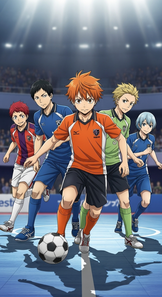 Futsal Boys anime wallpaper featuring energetic soccer players team in action on indoor court