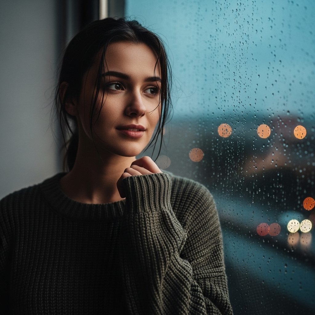 Young woman in sweater gazing outside rainy window during peaceful moody evening