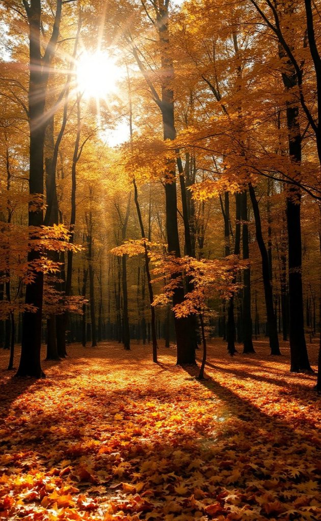 Golden autumn forest with sunlight shining through tall trees and fallen leaves