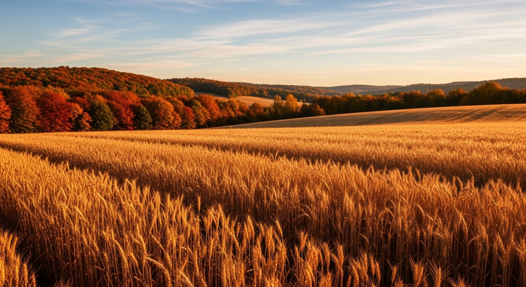 Golden wheat field with autumn forest background under warm evening sunlight.