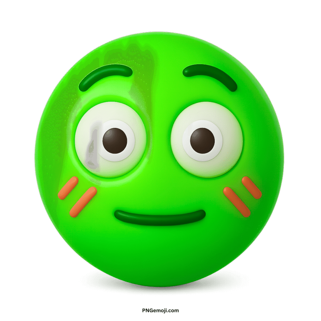 Green flushed 3D emoji with wide eyes, slight smile, and orange cheek marks.