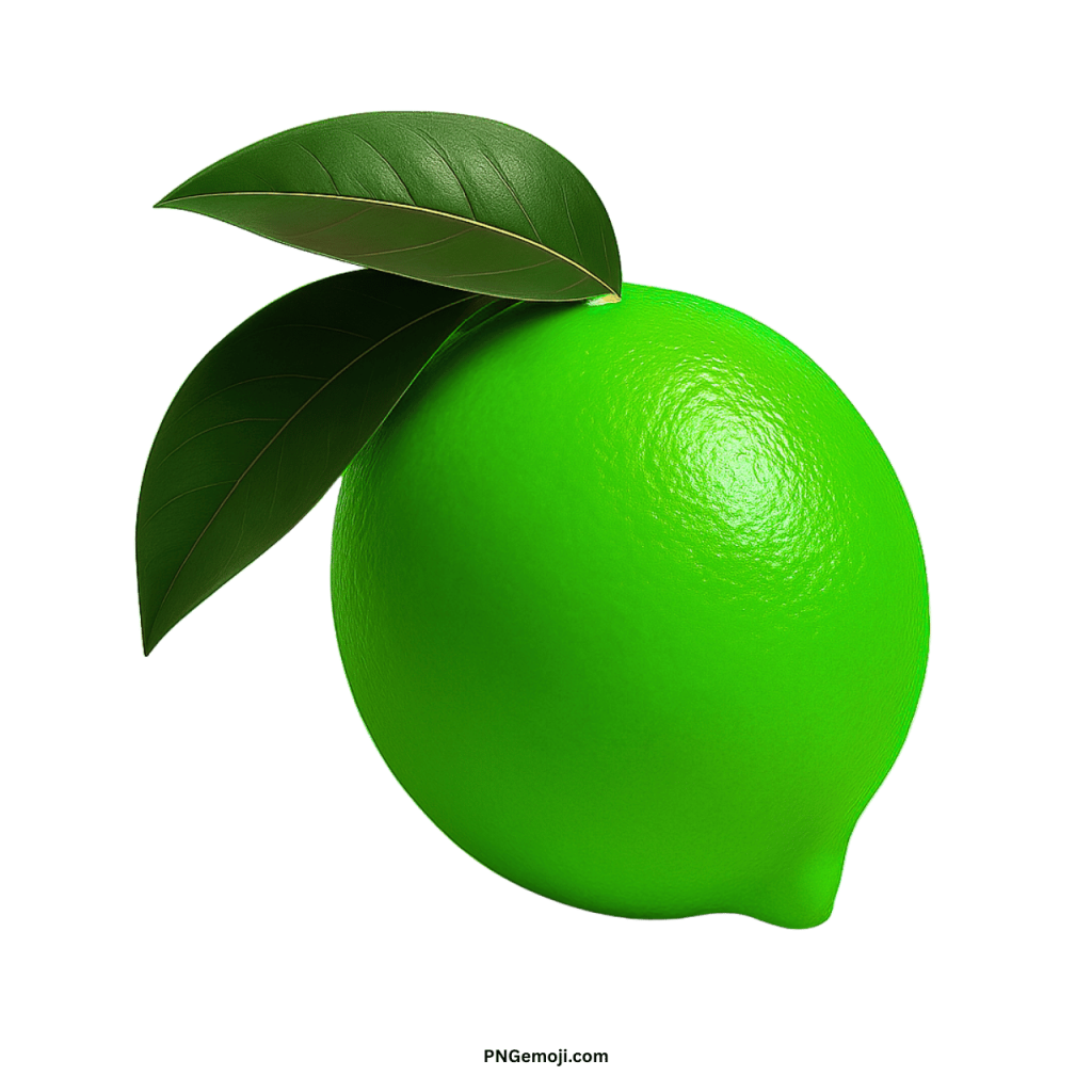 Green lemon emoji with fresh leaves, vibrant fruit symbol for chats and creative designs