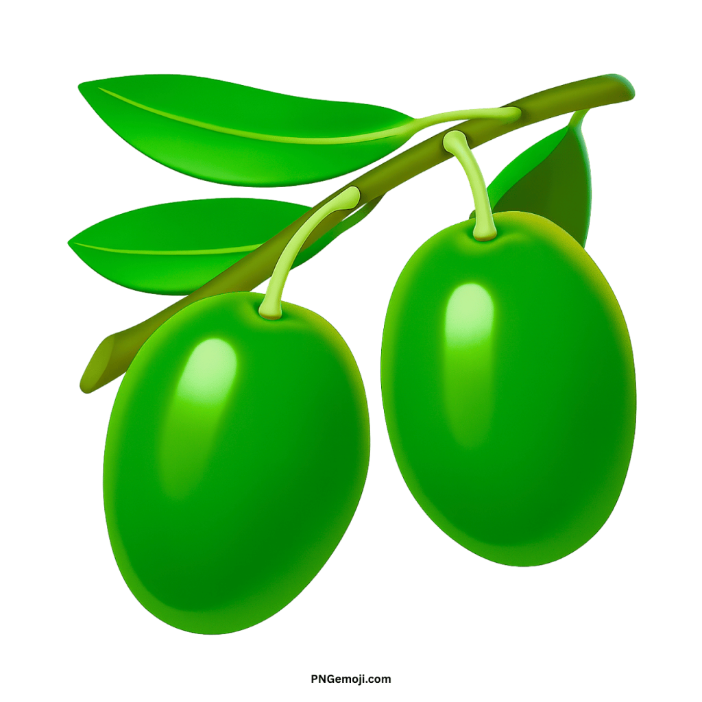 A bright green olive emoji with fresh green leaves on a branch, set against a black background.