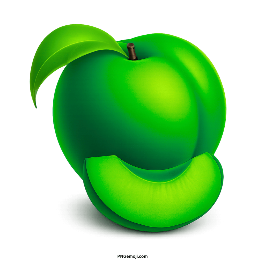 A vibrant green plum with a fresh leaf and a slice, isolated on a black background.