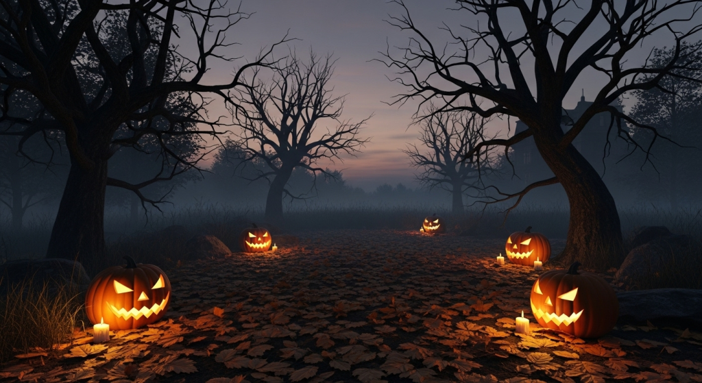 Spooky Halloween night with glowing jack-o&rsquo;-lantern pumpkins, candles, and dark misty trees.