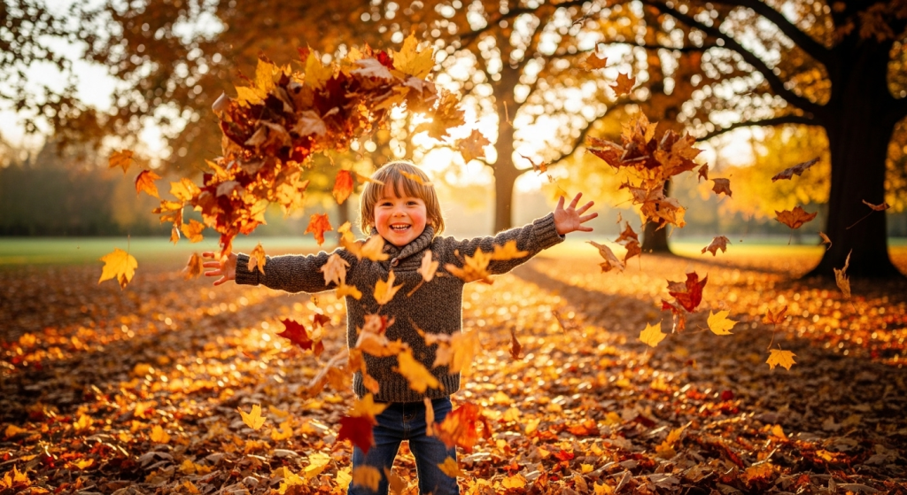 Smiling child tossing autumn leaves in golden forest during bright fall afternoon sunlight