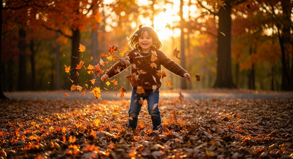Smiling child playing with autumn leaves in forest during golden sunset fall season