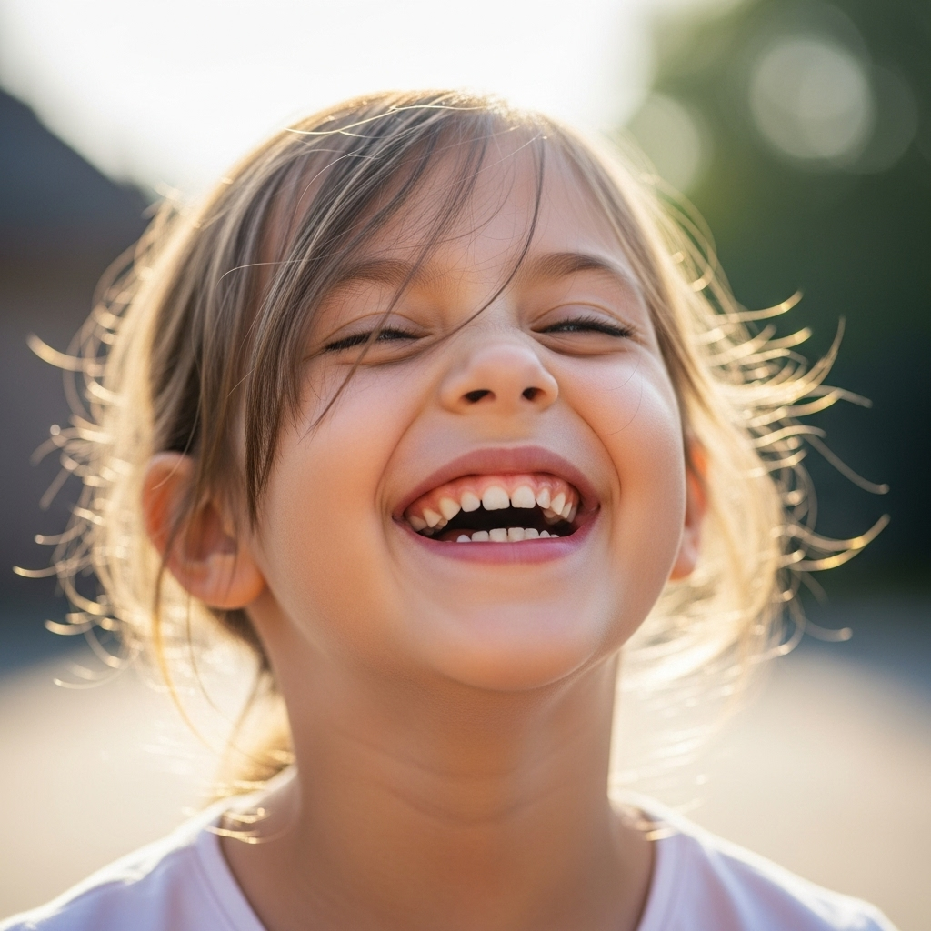 Joyful young child laughing outdoors with bright smile under natural sunlight