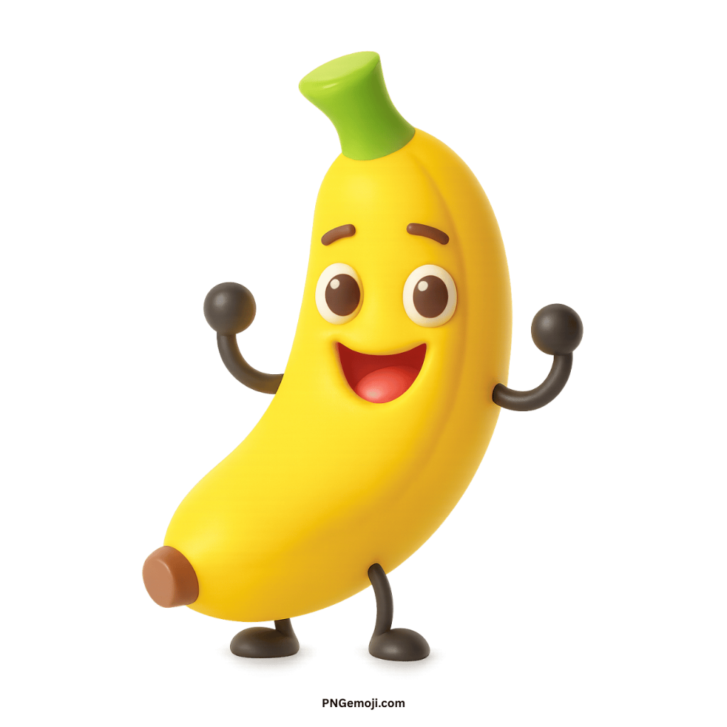 Happy banana emoji cartoon character with smiling face, playful eyes, and raised arms on transparent background