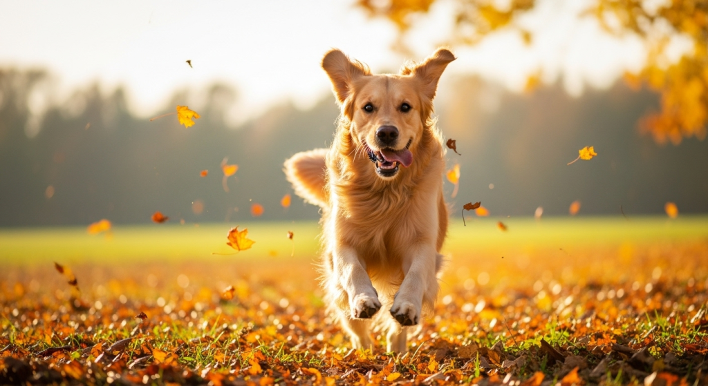 Golden Retriever running happily through autumn leaves in a sunlit scenic park