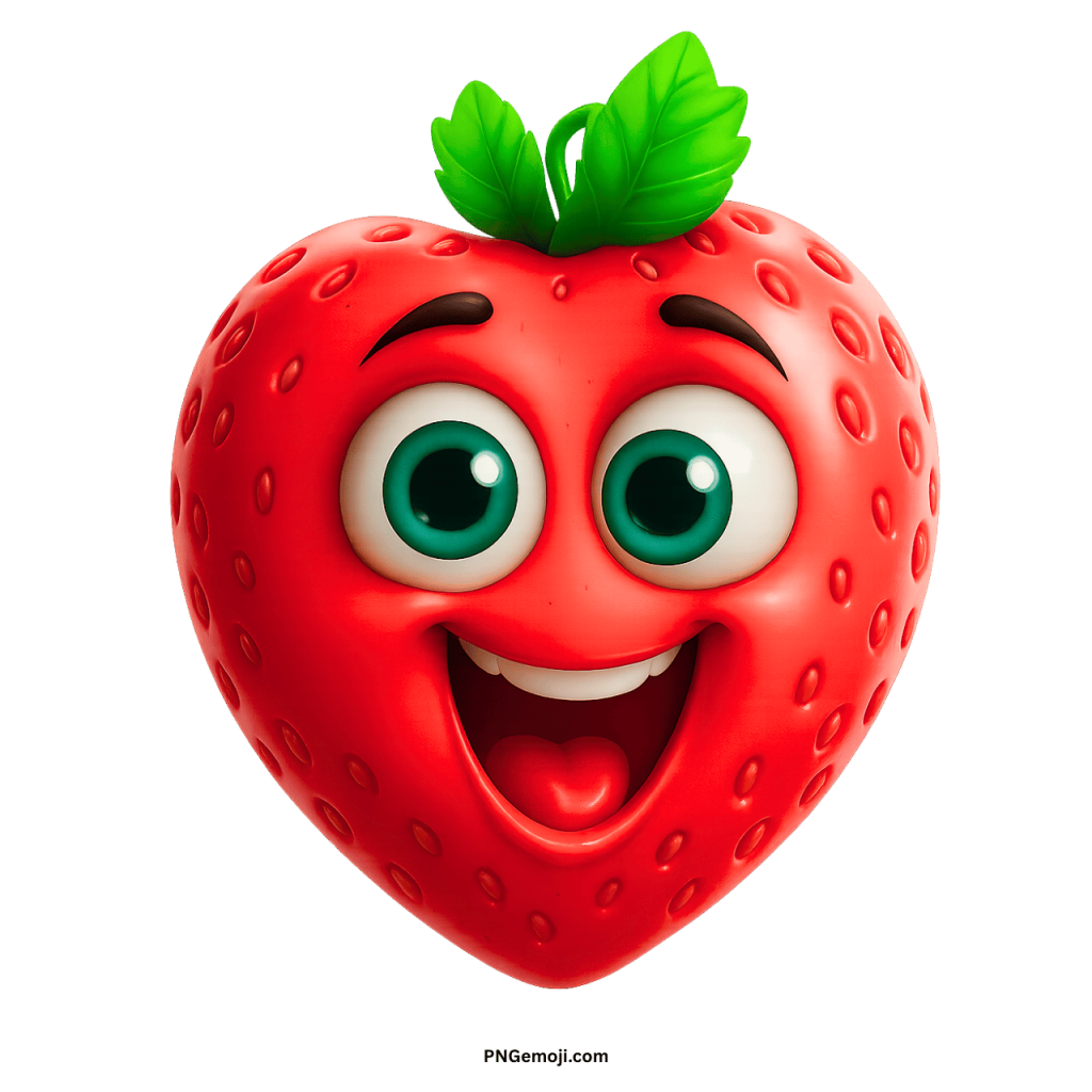  A happy, red, heart-shaped cartoon strawberry with big green eyes and a wide smile.