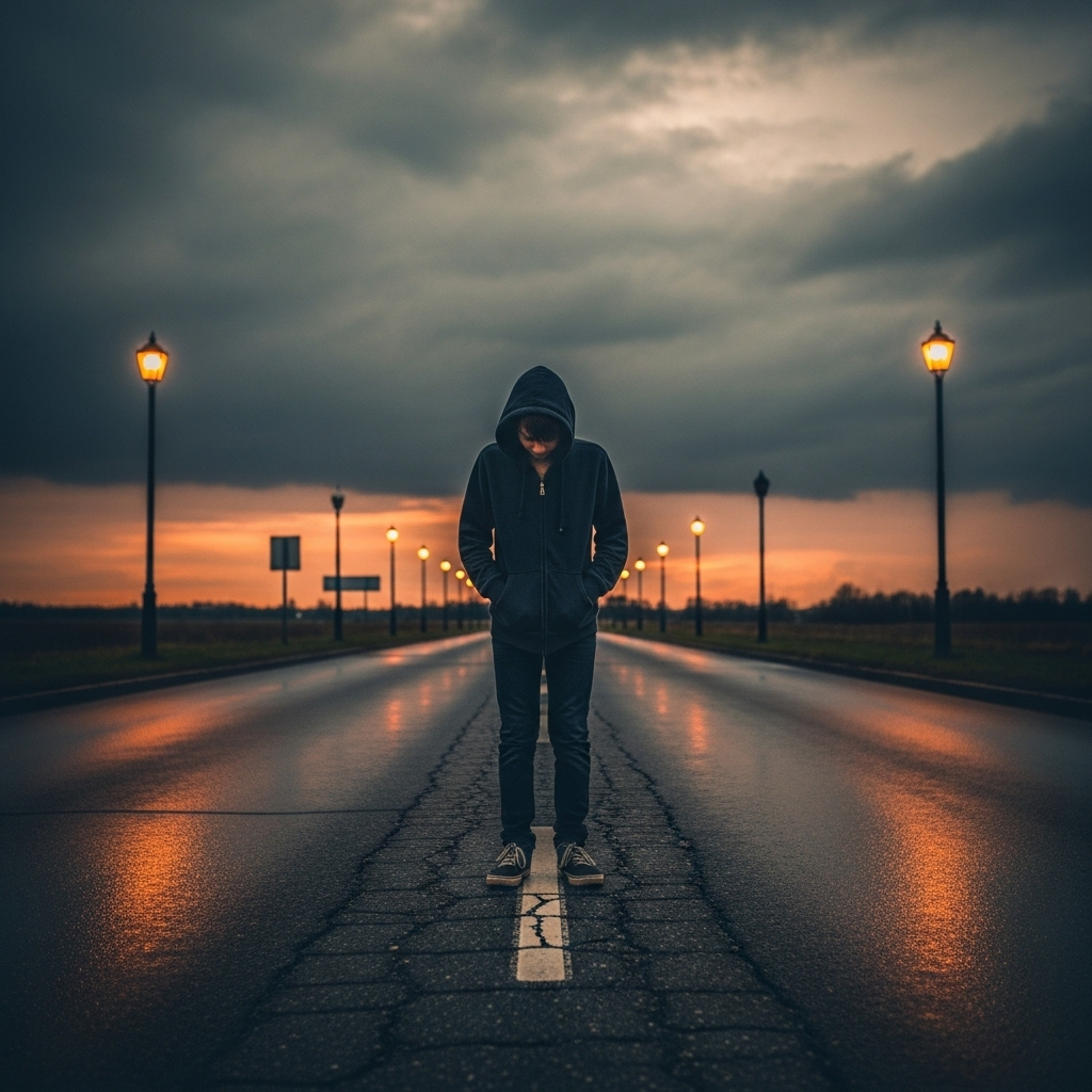 Hooded figure stands alone on wet road under stormy sunset sky.