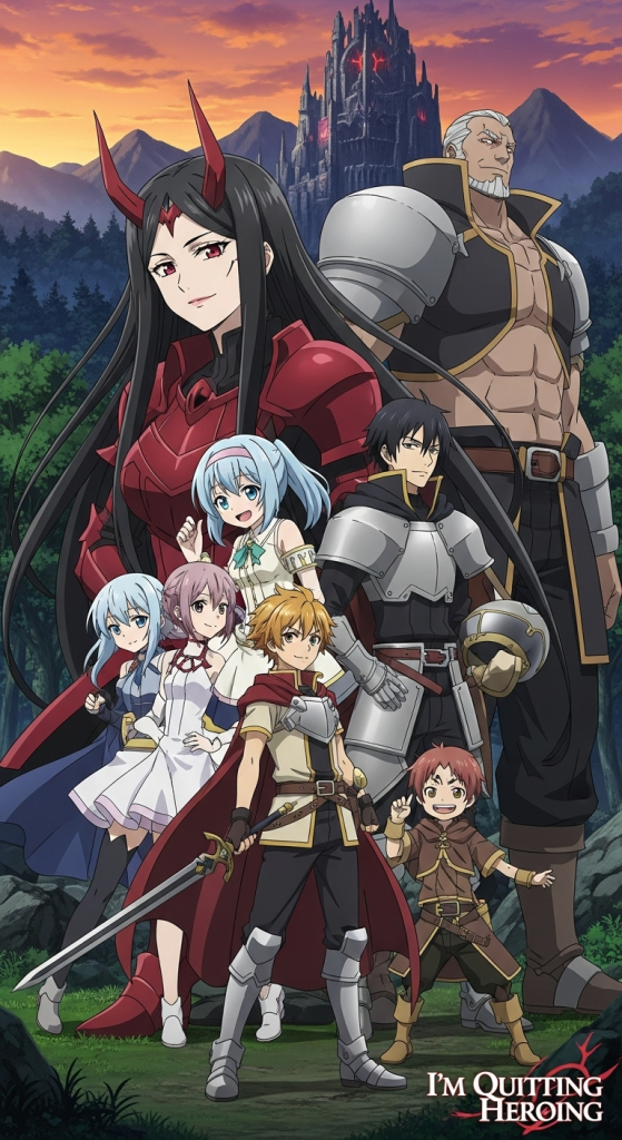 I&rsquo;m Quitting Heroing anime wallpaper featuring main characters with castle background in high quality