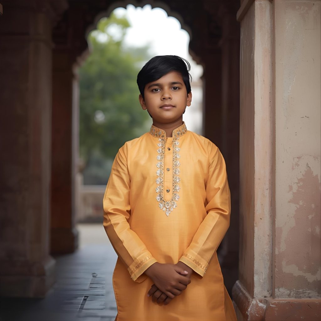 Young Indian boy wearing traditional yellow kurta standing near heritage architecture background